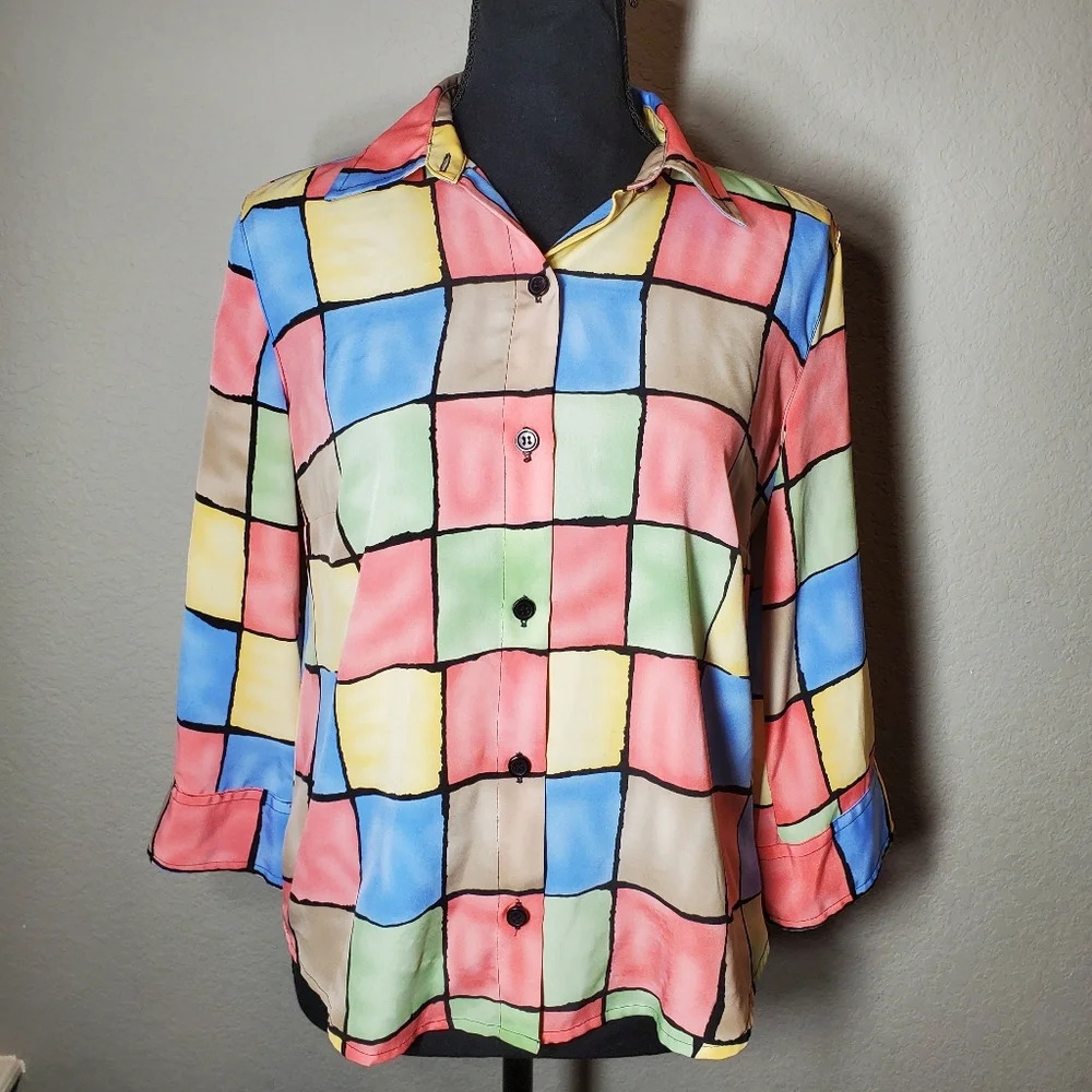 Vintage | Notations Colorful Checkered Patterned Pastel Buttondown 3/4 Sleeve PM